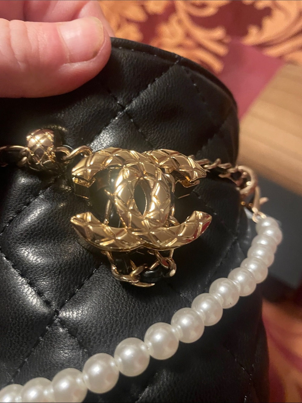 GWP Black Quilted Lambskin Mini Bucket with Gold Chain and Pearl Strap - Picture 10 of 17